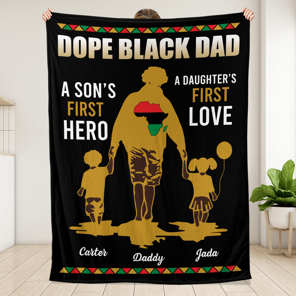 Dope Black Father Daughter And Son Blanket - Personalized Blanket - Giftago