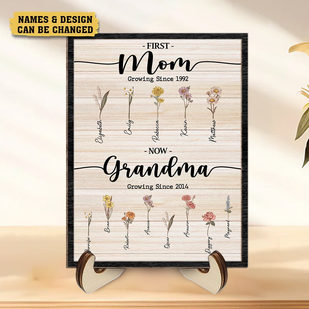 First Mom Now Grandma - Personalized Custom 2-Layered Wooden Plaque With Stand - Best Gift For Mother, Grandma - Giftago
