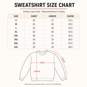 Sweatshirt size chart: chest, length and sleeve in inches for sizes S to 5XL