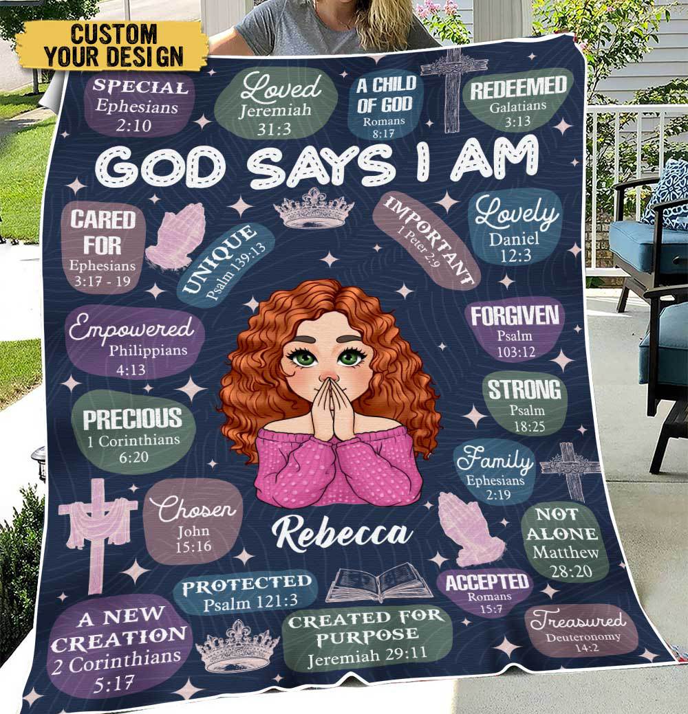God Says I Am (Dark Blue) - Personalized Blanket - Meaningful Gift For Birthday - Giftago