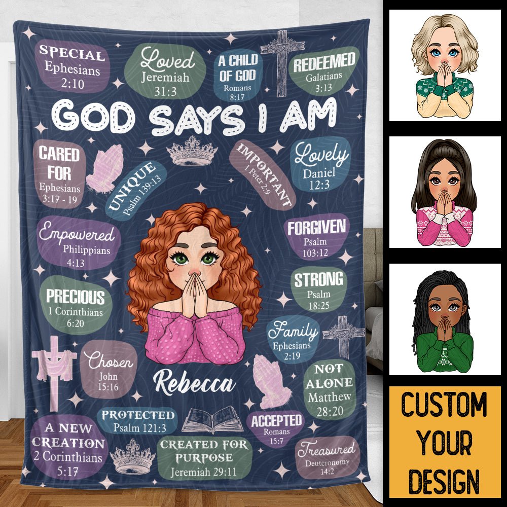 God Says I Am (Dark Blue) - Personalized Blanket - Meaningful Gift For Birthday - Giftago