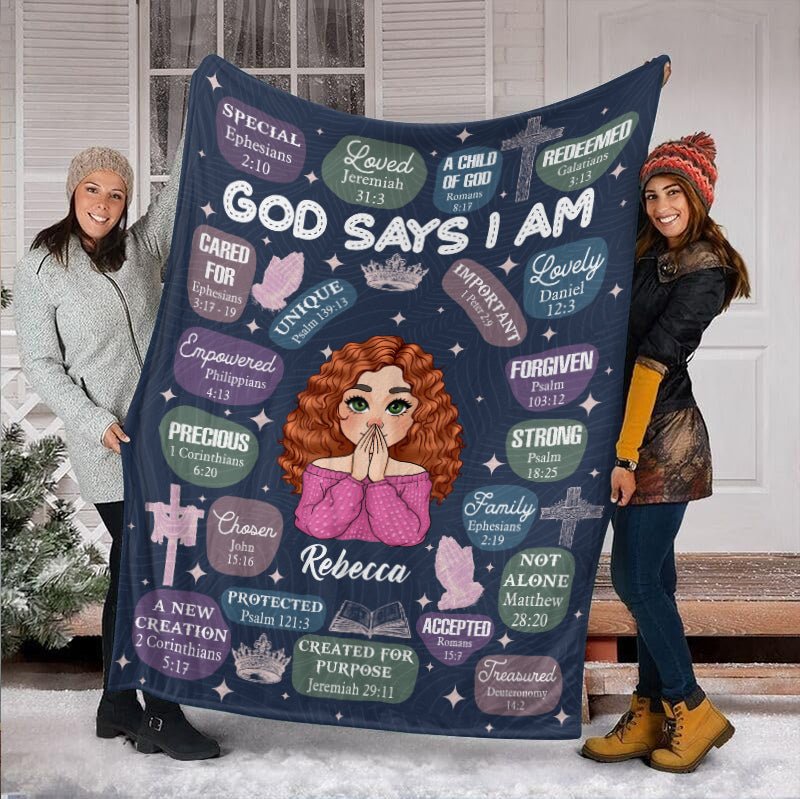 God Says I Am (Dark Blue) - Personalized Blanket - Meaningful Gift For Birthday - Giftago