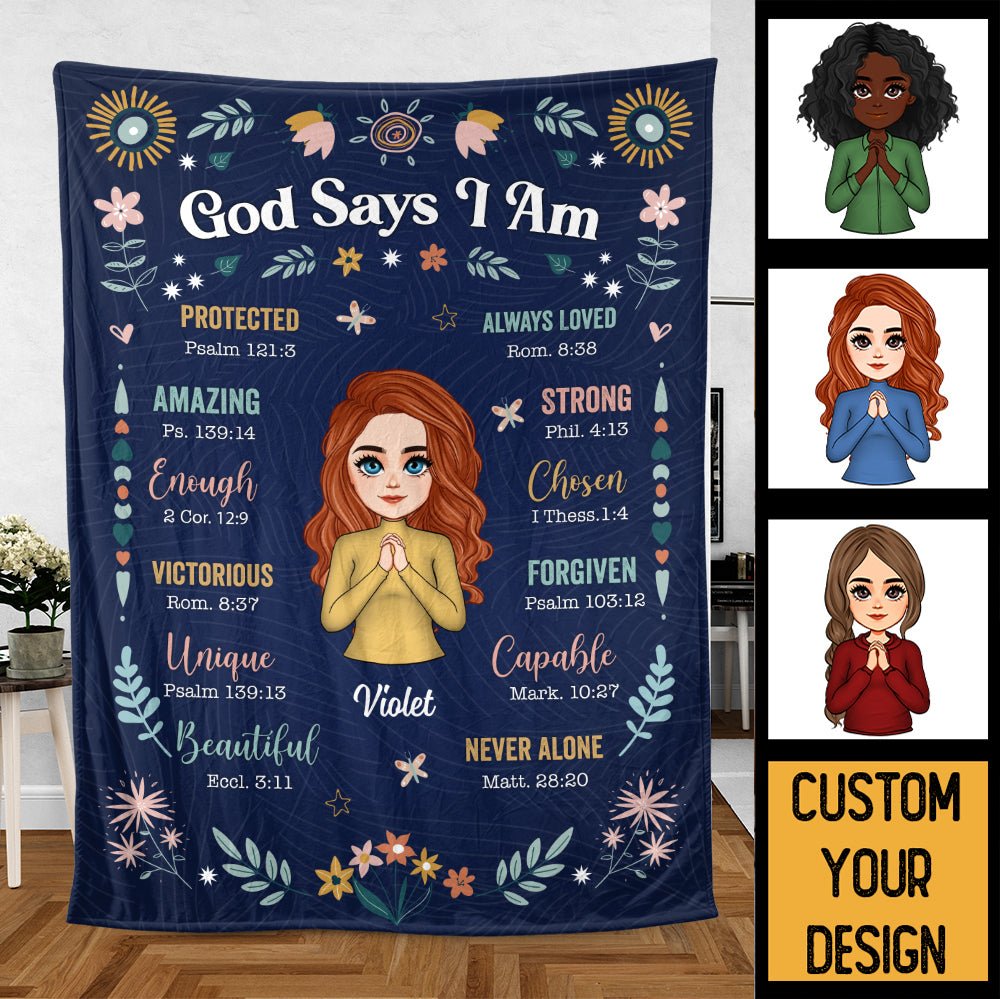 God Says I Am Floral (Chibi) - Personalized Blanket - Best Gift For Birthday - Giftago
