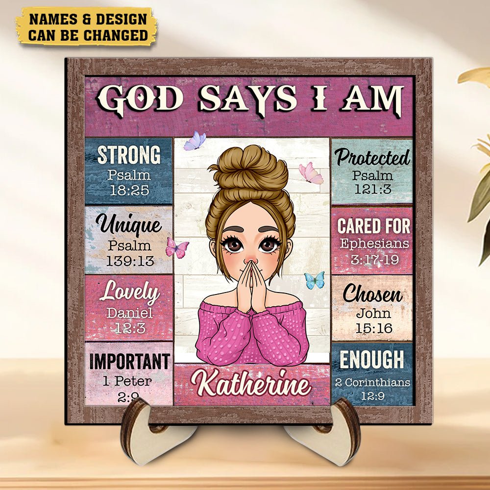 God Says I Am (Pink Blue) - Personalized Custom 2-Layered Wooden Plaque With Stand - Meaningful Gift For Birthday - Giftago