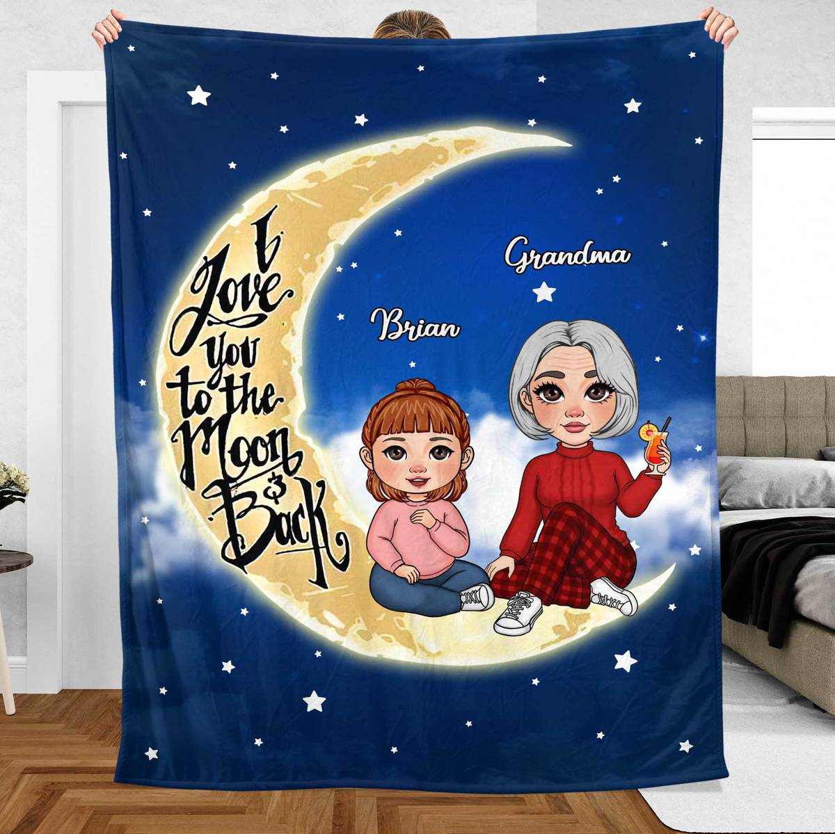 Grandma & Grandkid On The Moon - Personalized Blanket - Best Gift For Family - Giftago