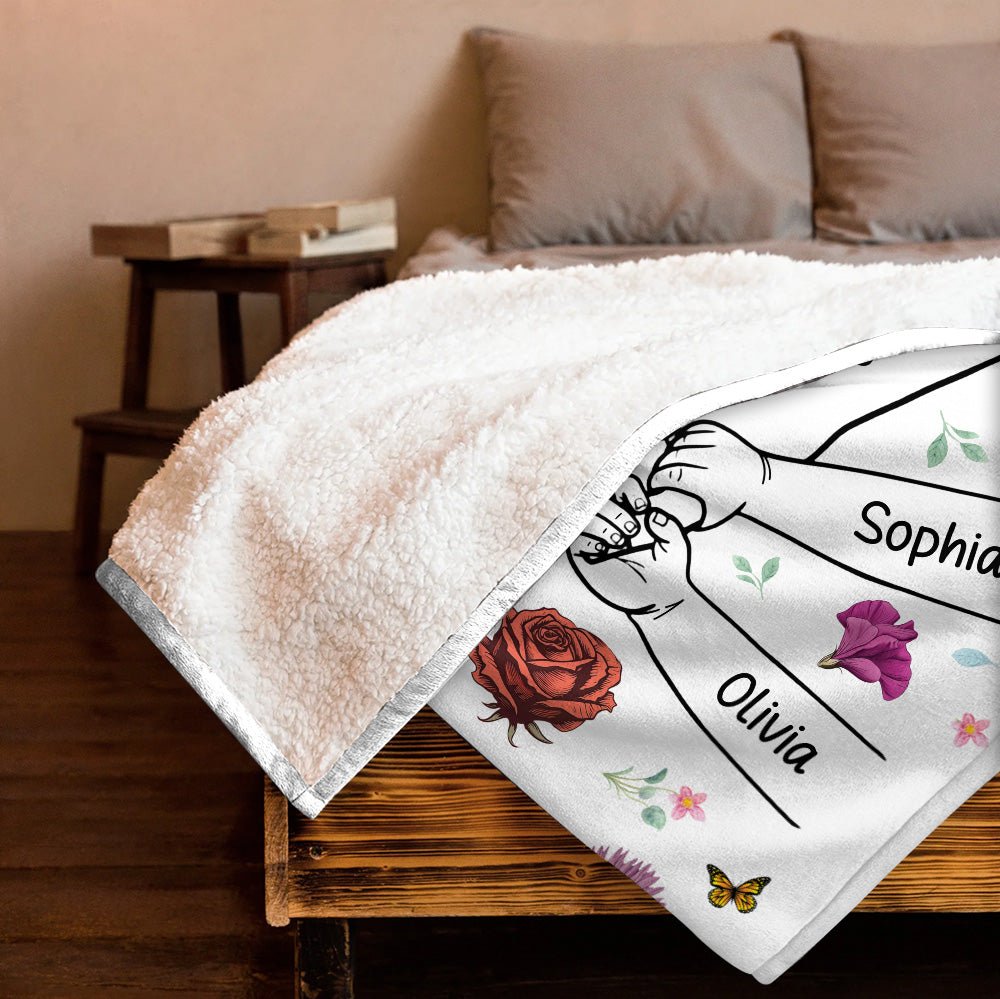 Grandma Mom & Kids Holding Hands Birth Month Flowers Blanket - Personalized Blanket - Giftago