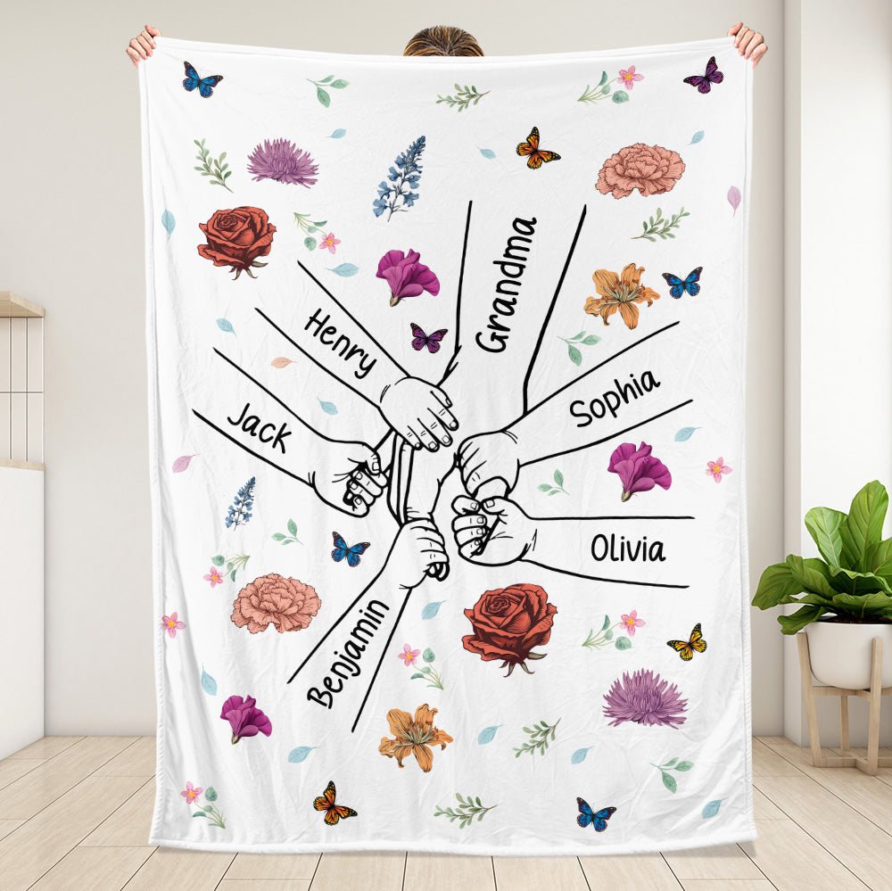 Grandma Mom & Kids Holding Hands Birth Month Flowers Blanket - Personalized Blanket - Giftago