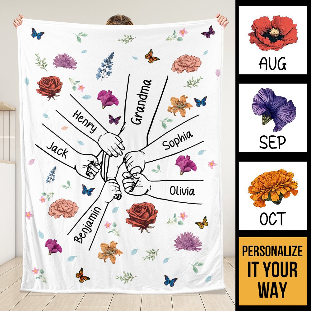 Grandma Mom & Kids Holding Hands Birth Month Flowers Blanket - Personalized Blanket - Giftago
