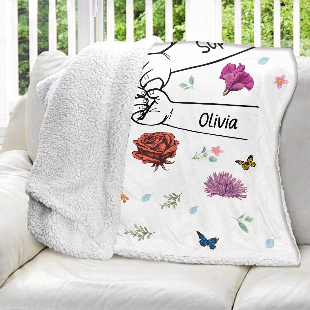 Grandma Mom & Kids Holding Hands Birth Month Flowers Blanket - Personalized Blanket - Giftago