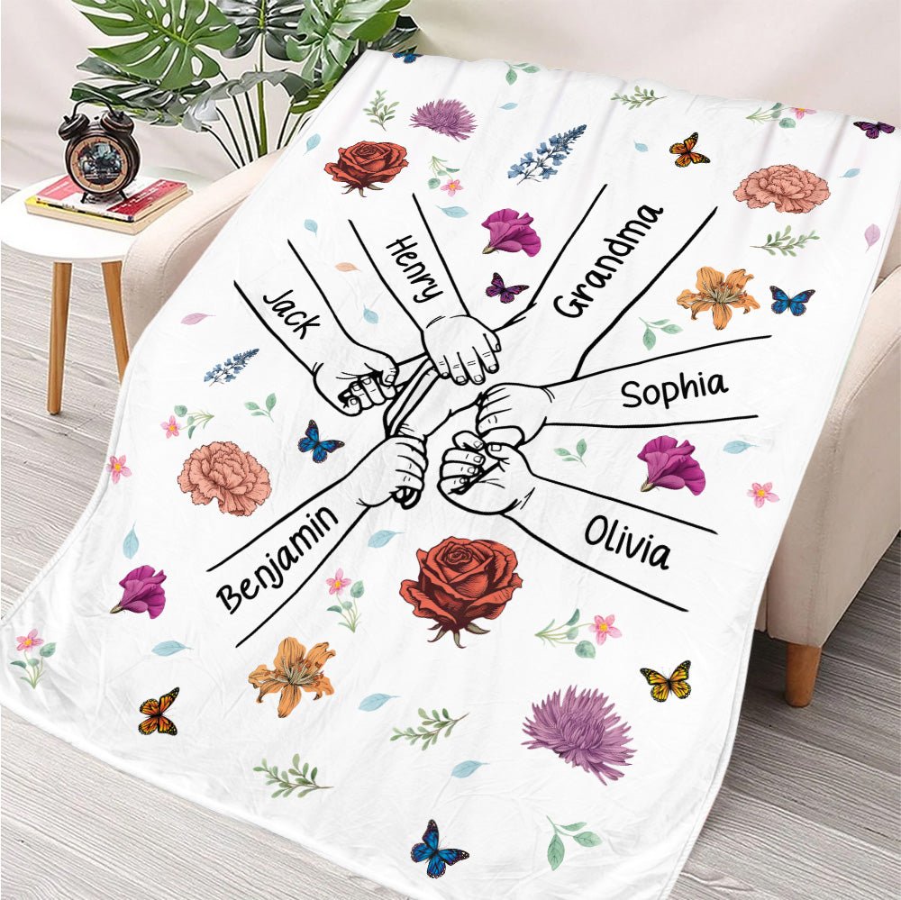 Grandma Mom & Kids Holding Hands Birth Month Flowers Blanket - Personalized Blanket - Giftago