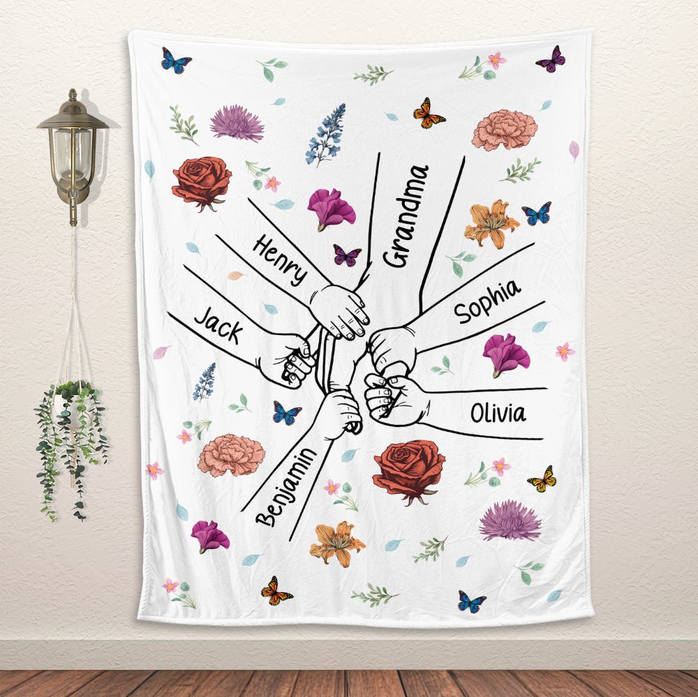 Grandma Mom & Kids Holding Hands Birth Month Flowers Blanket - Personalized Blanket - Giftago