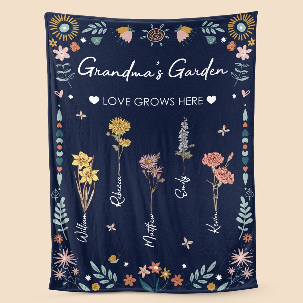 Grandma's Garden Birth Month Flower (Dark Blue) - Personalized Blanket - Best Gift For Mother, Grandma - Giftago