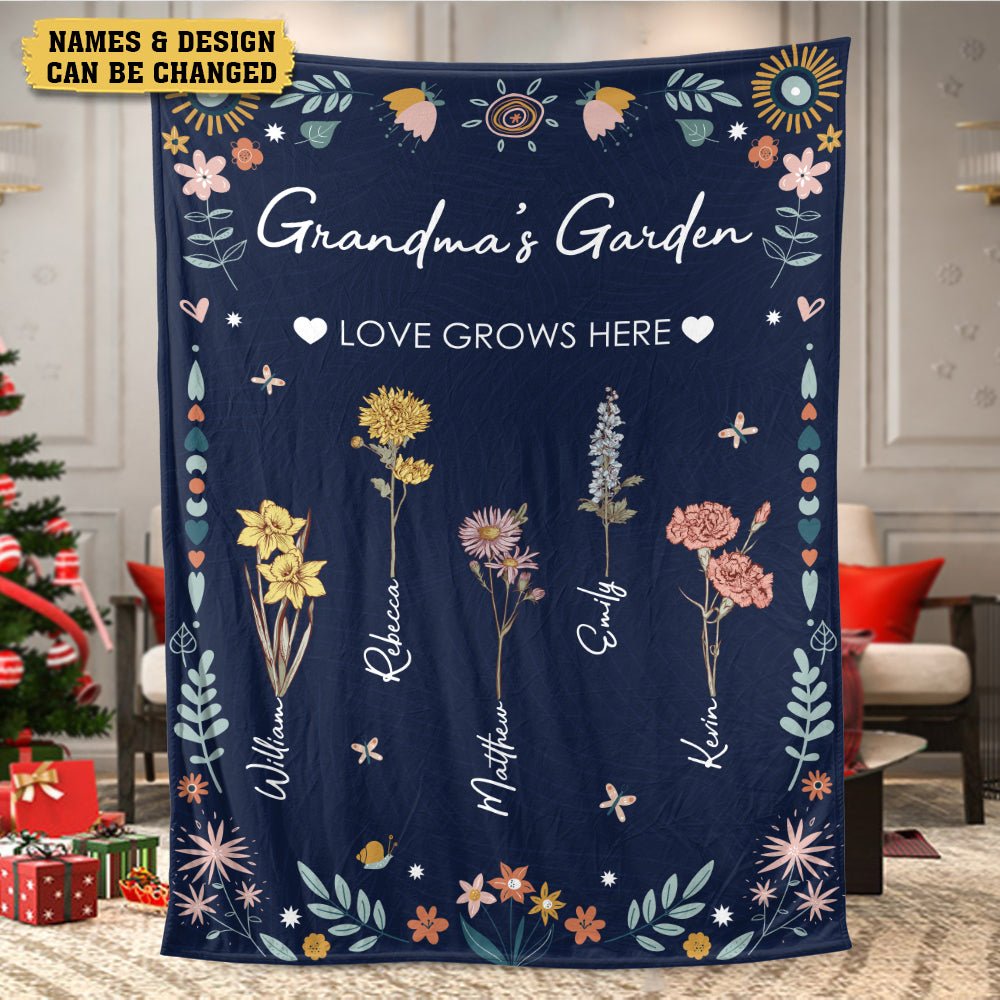 Grandma's Garden Birth Month Flower (Dark Blue) - Personalized Blanket - Best Gift For Mother, Grandma - Giftago