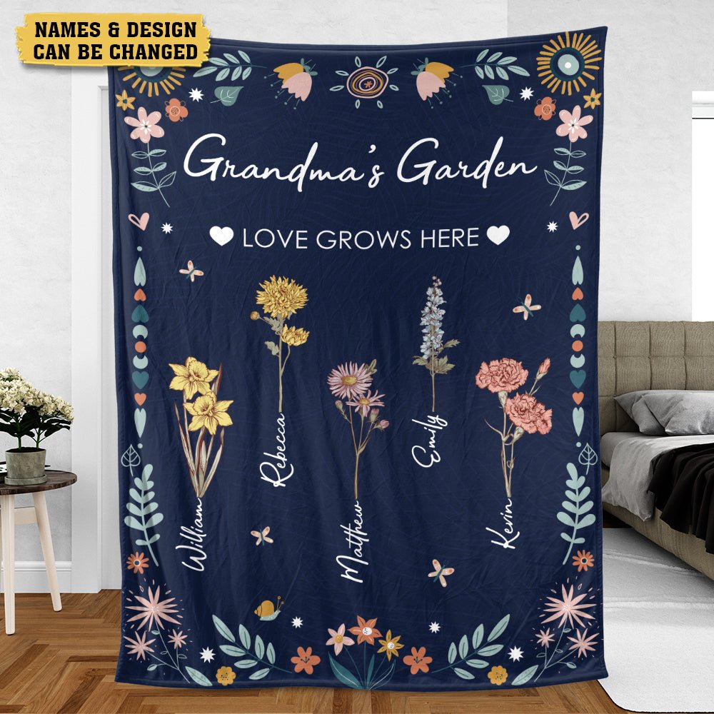 Grandma's Garden Birth Month Flower (Dark Blue) - Personalized Blanket - Best Gift For Mother, Grandma - Giftago