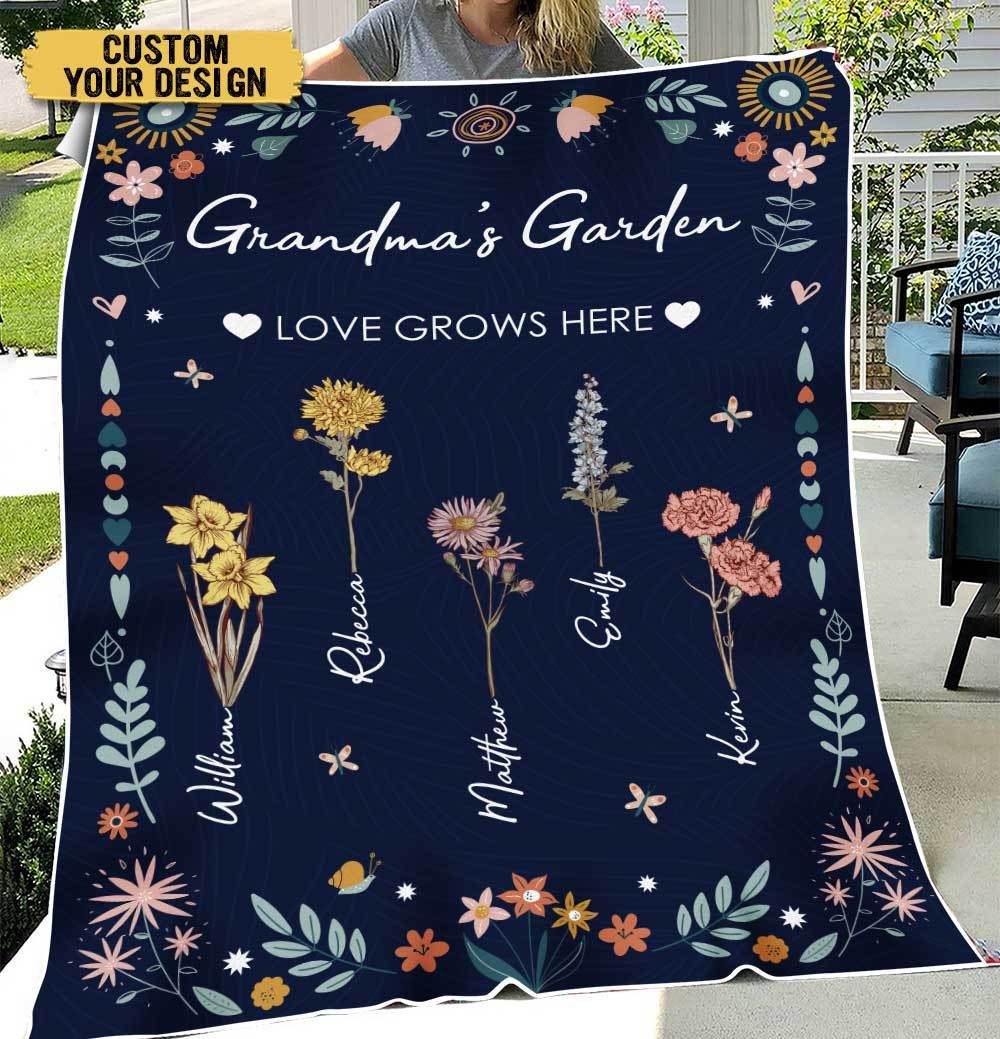 Grandma's Garden Birth Month Flower (Dark Blue) - Personalized Blanket - Best Gift For Mother, Grandma - Giftago