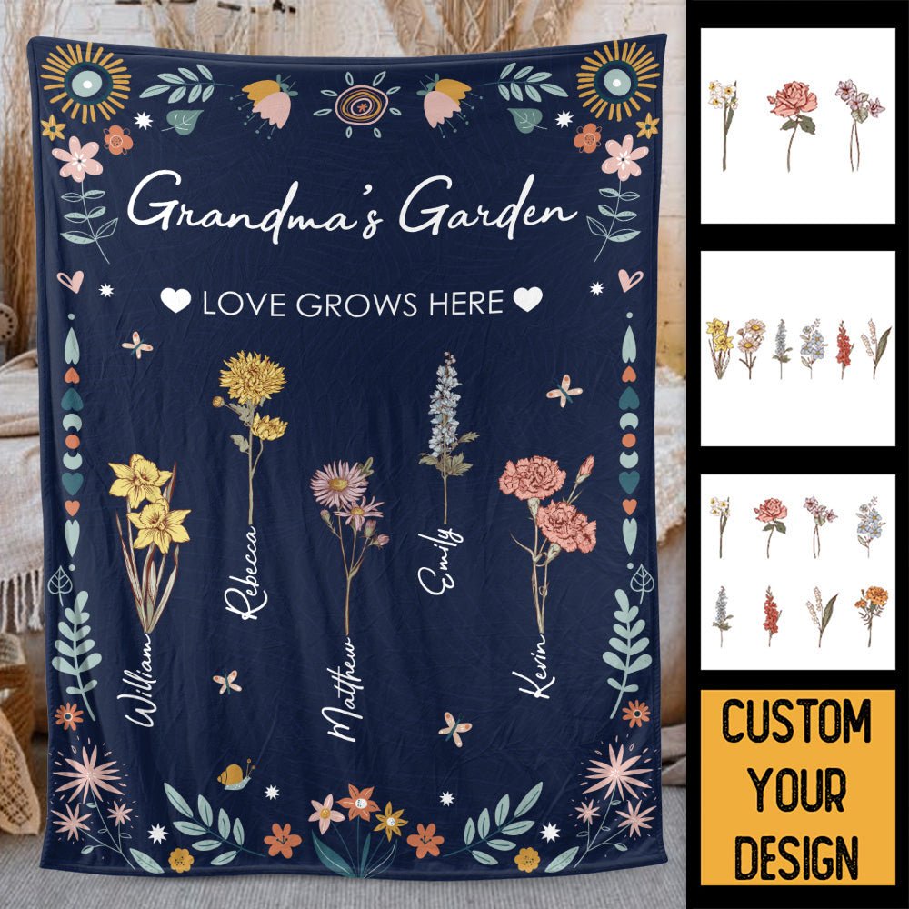 Grandma's Garden Birth Month Flower (Dark Blue) - Personalized Blanket - Best Gift For Mother, Grandma - Giftago