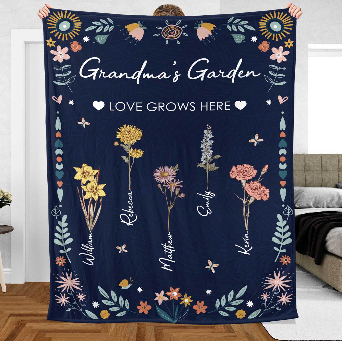 Grandma's Garden Birth Month Flower (Dark Blue) - Personalized Blanket - Best Gift For Mother, Grandma - Giftago