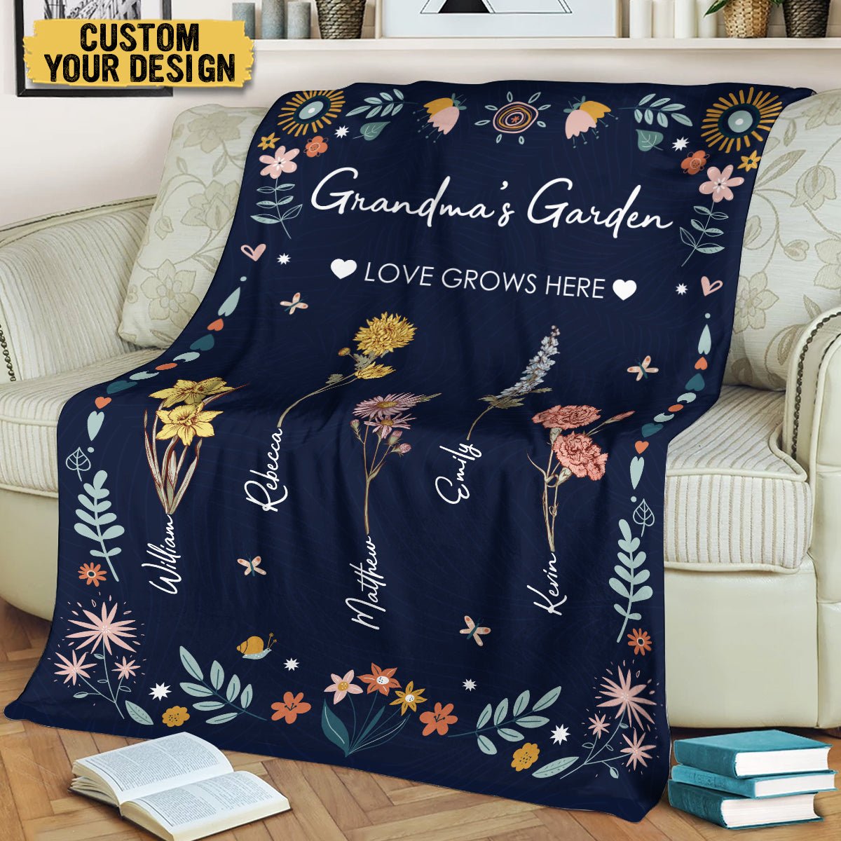 Grandma's Garden Birth Month Flower (Dark Blue) - Personalized Blanket - Best Gift For Mother, Grandma - Giftago