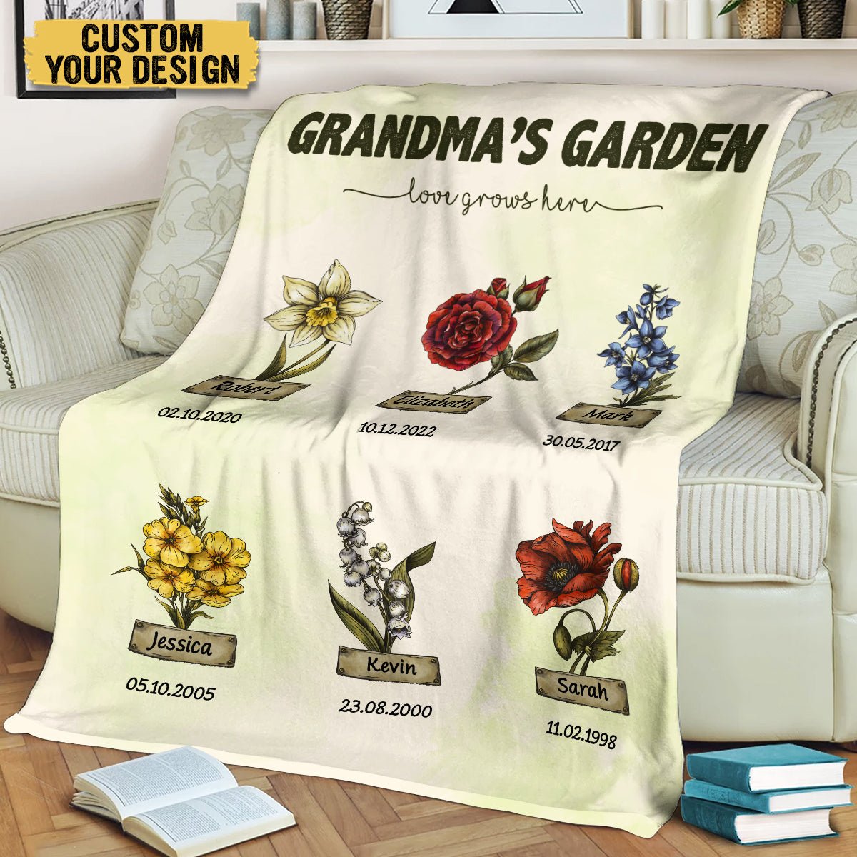 Grandma's Garden Birth Month Flower (Type 2) - Personalized Blanket - Best Gift For Mother, Grandma - Giftago
