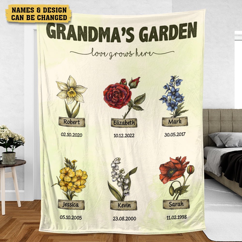 Grandma's Garden Birth Month Flower (Type 2) - Personalized Blanket - Best Gift For Mother, Grandma - Giftago