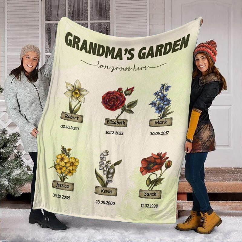 Grandma's Garden Birth Month Flower (Type 2) - Personalized Blanket - Best Gift For Mother, Grandma - Giftago