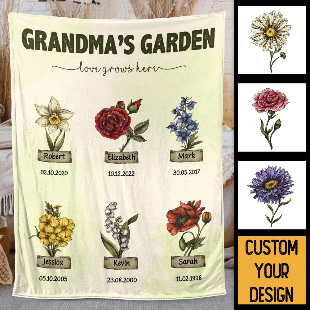 Grandma's Garden Birth Month Flower (Type 2) - Personalized Blanket - Best Gift For Mother, Grandma - Giftago