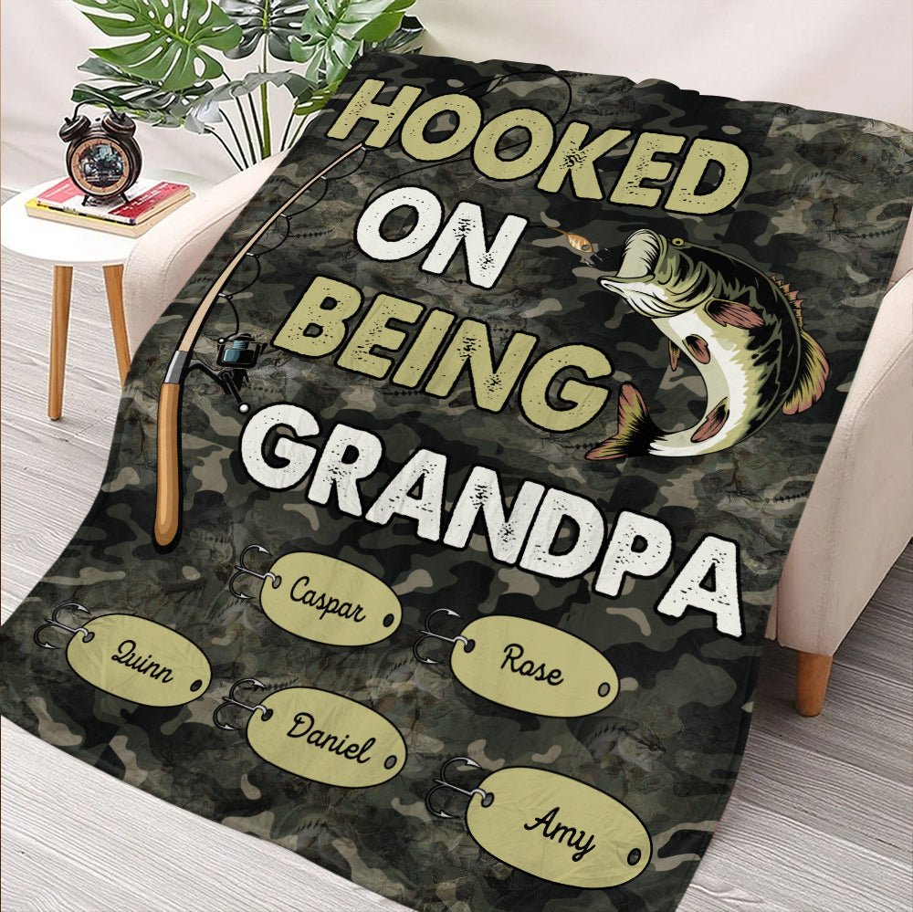 Hooked On Being Grandpa Dad Blanket - Personalized Blanket - Giftago