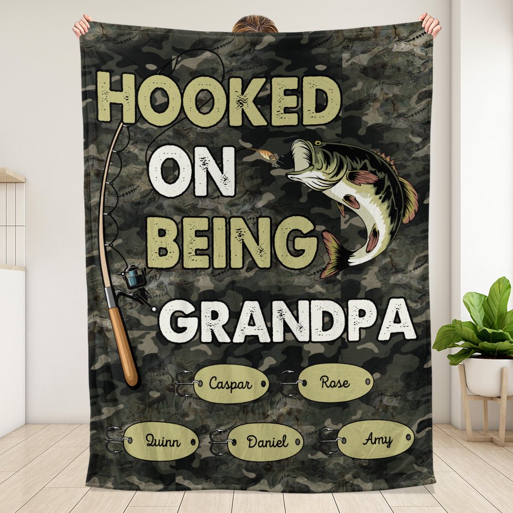 Hooked On Being Grandpa Dad Blanket - Personalized Blanket - Giftago