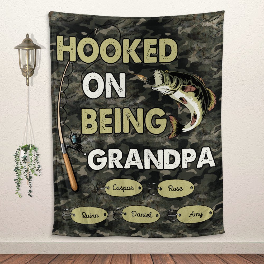 Hooked On Being Grandpa Dad Blanket - Personalized Blanket - Giftago