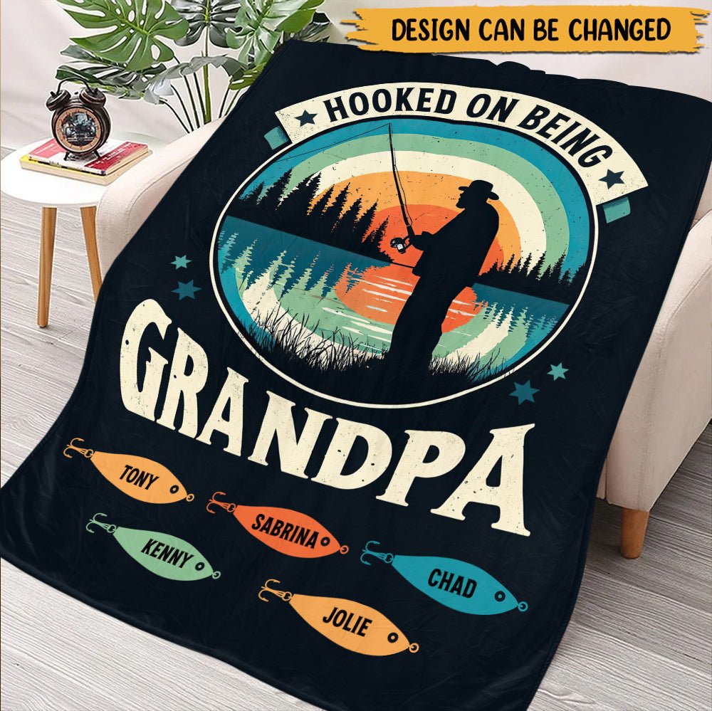 Hooked On Being Grandpa - Personalized Blanket - Giftago