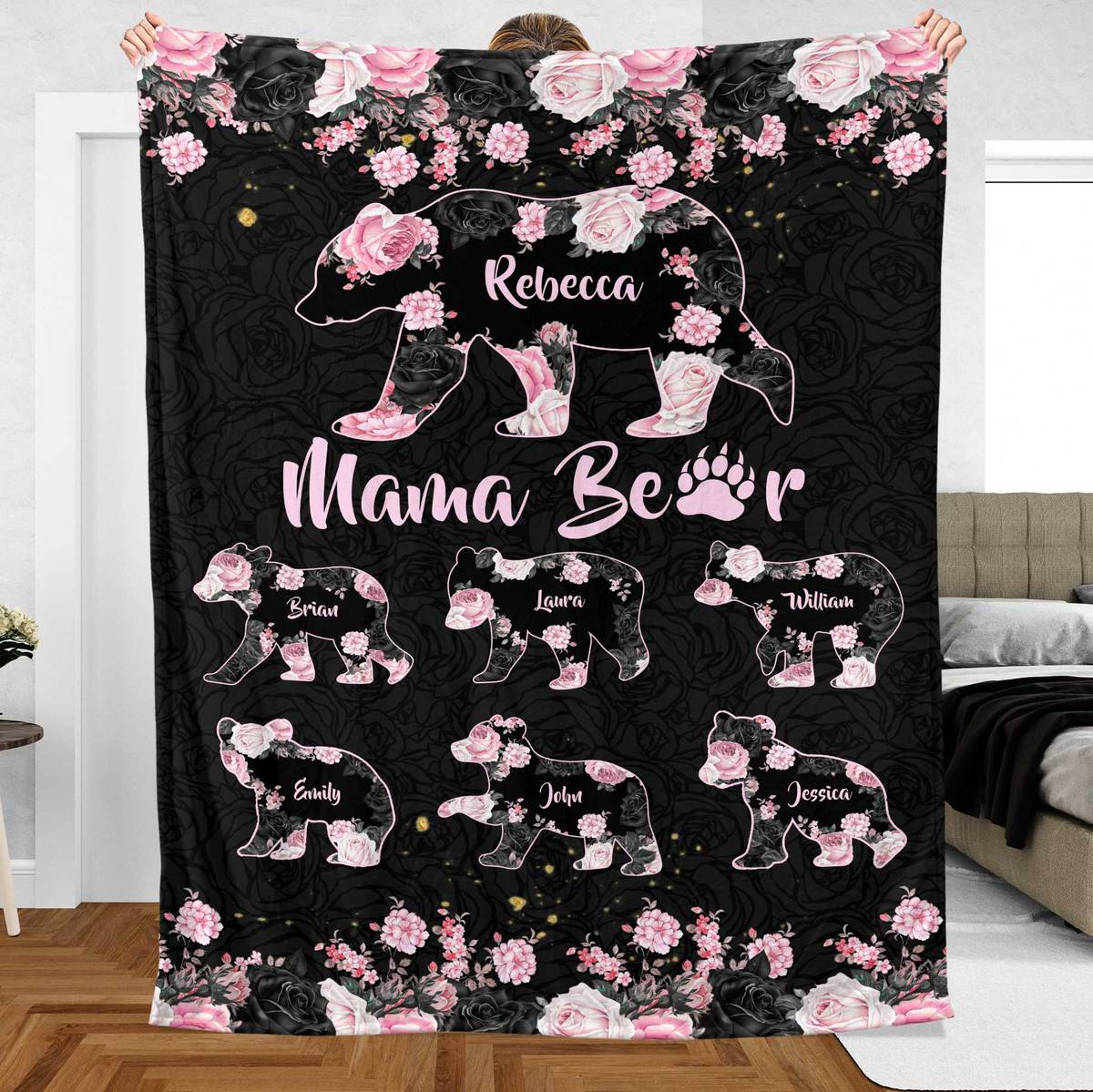 Mama Bear Rose Pattern - Personalized Blanket - Best Gift For Mother - Giftago