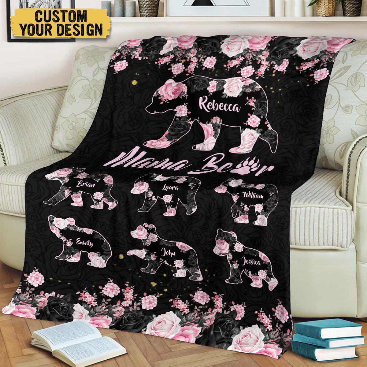 Mama Bear Rose Pattern - Personalized Blanket - Best Gift For Mother - Giftago