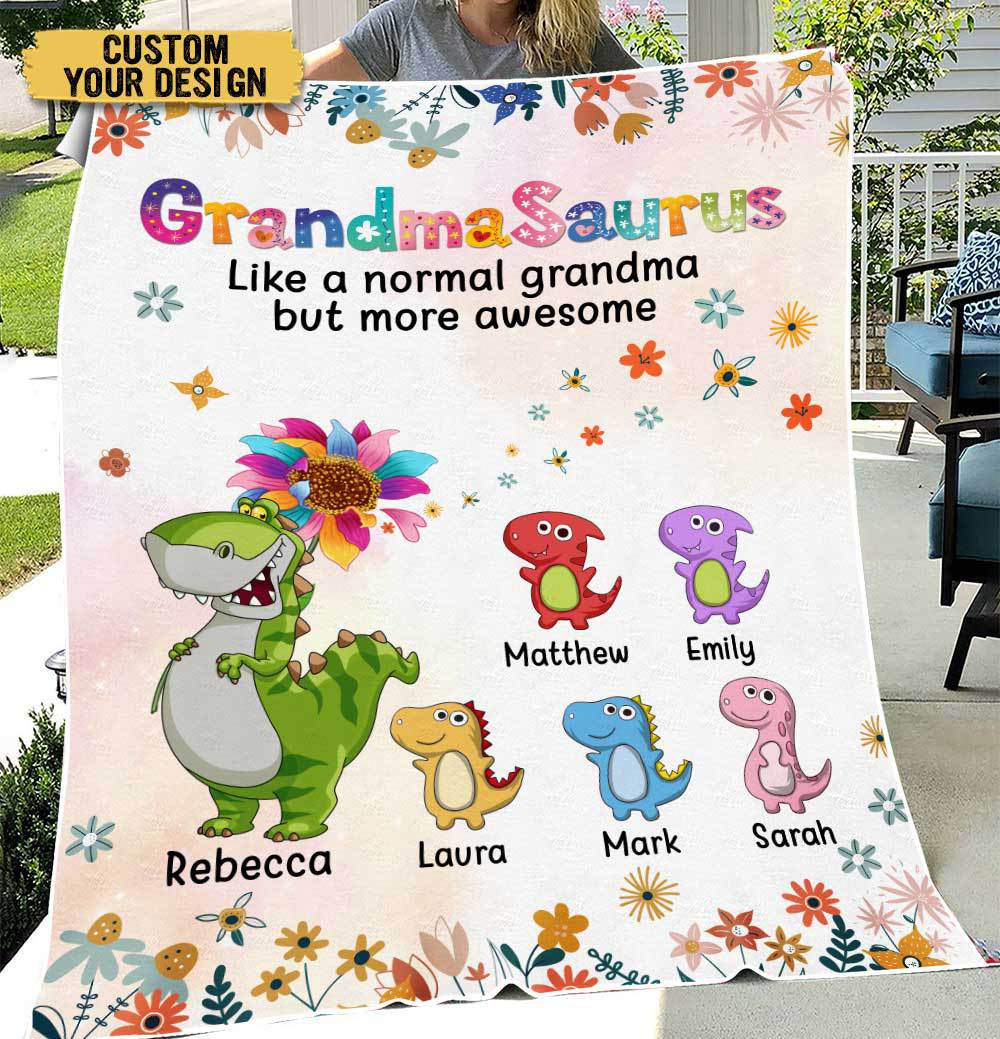 Mamasaurus/Grandmasaurus With Flower - Personalized Blanket - Best Gift For Mother, Grandma - Giftago
