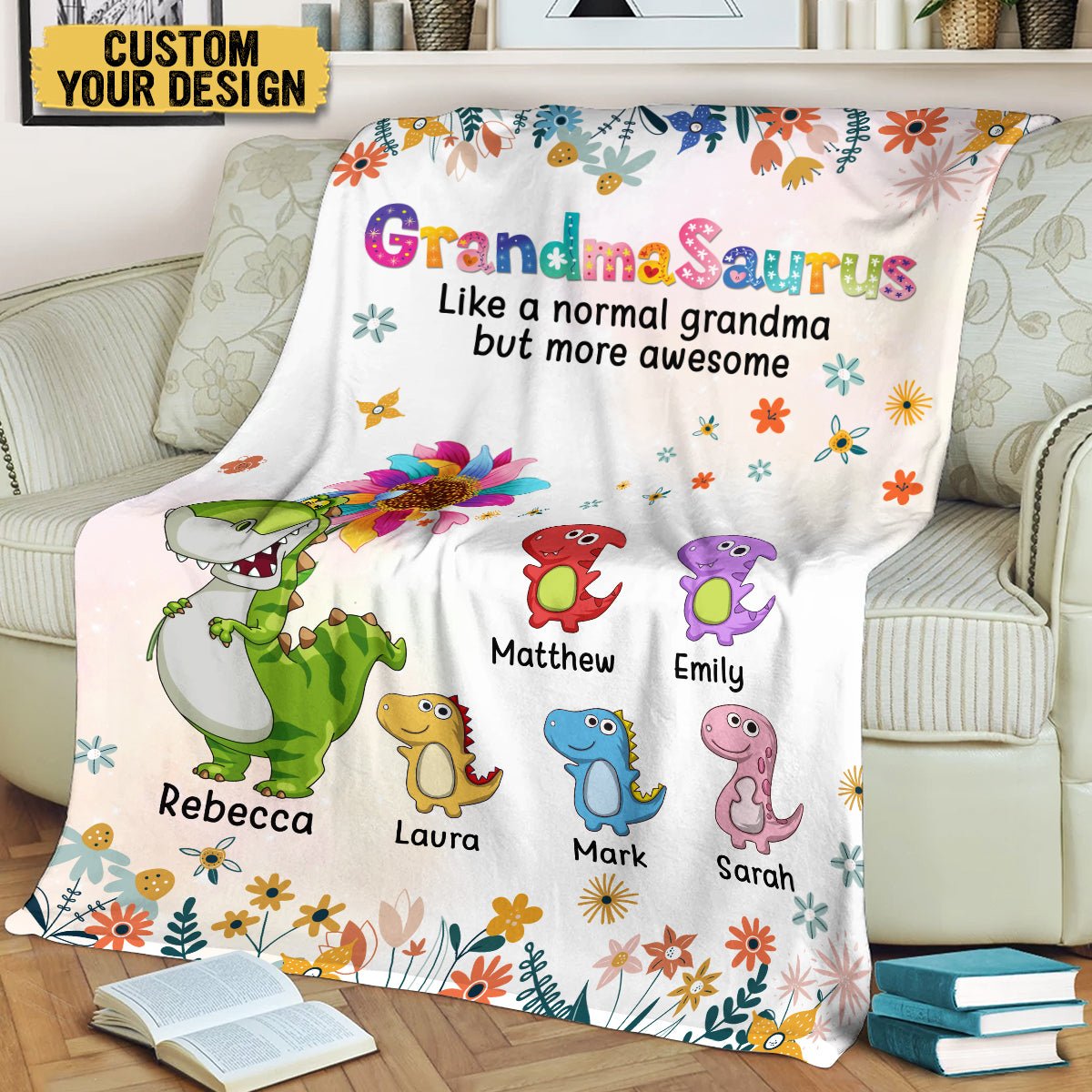 Mamasaurus/Grandmasaurus With Flower - Personalized Blanket - Best Gift For Mother, Grandma - Giftago
