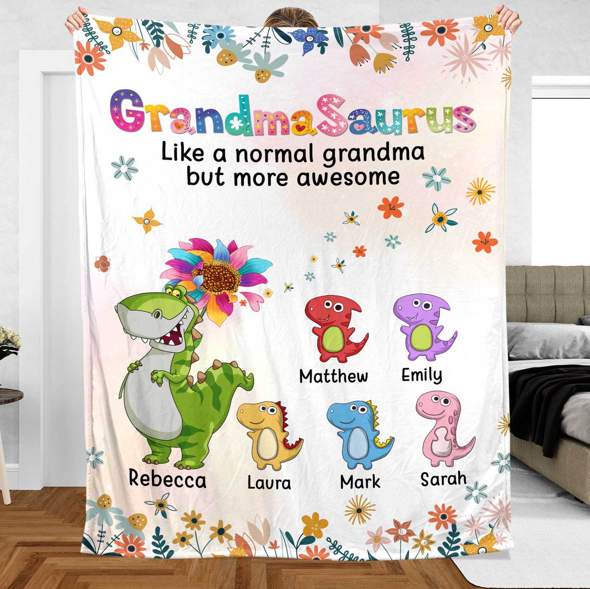 Mamasaurus/Grandmasaurus With Flower - Personalized Blanket - Best Gift For Mother, Grandma - Giftago