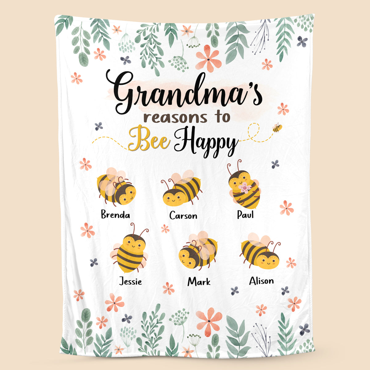 Grandma - Reasons To Bee Happy - Personalized Blanket - Best Gift For Grandma - Giftago