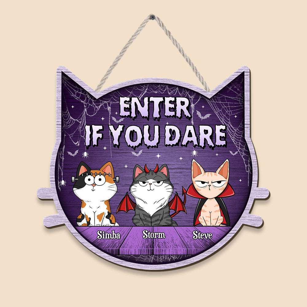 Enter If You Dare - Personalized Shaped Wood Sign - Best Gift For Cat Lovers, For Halloween - Giftago