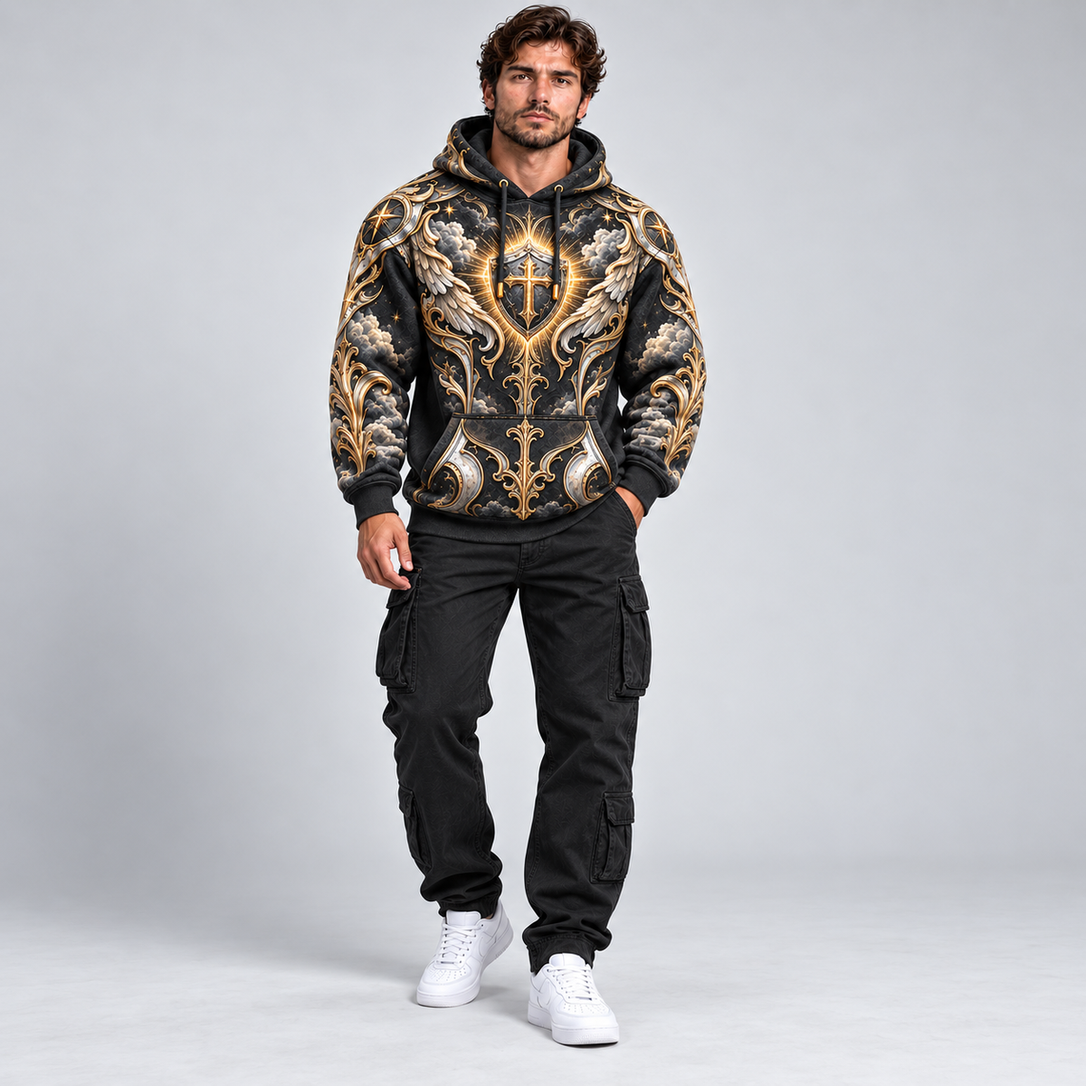 No Weapon Formed Divine Shield Christian Hoodie – Black & Gold