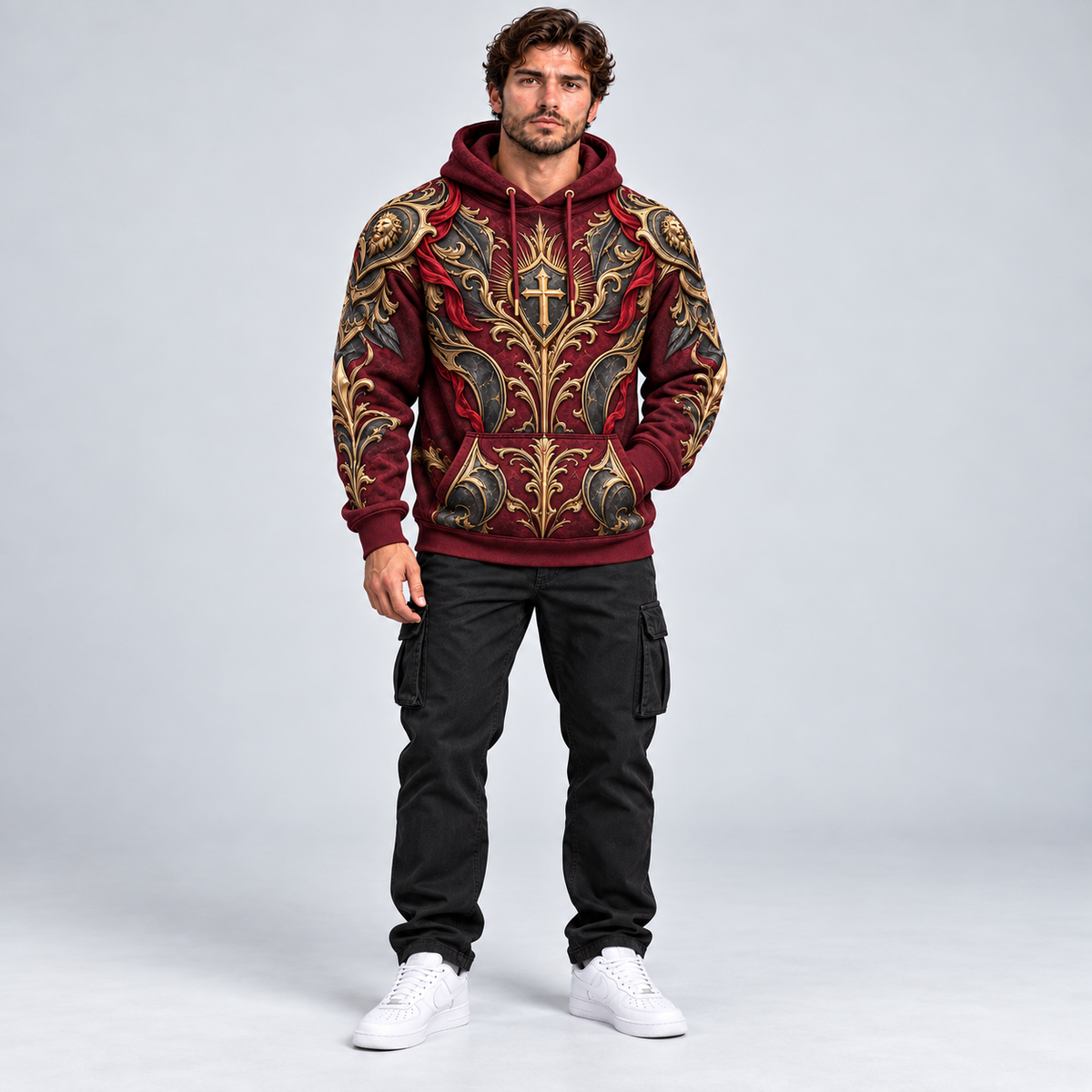 No Weapon Formed Lionheart Armor Christian Hoodie – Burgundy & Gold