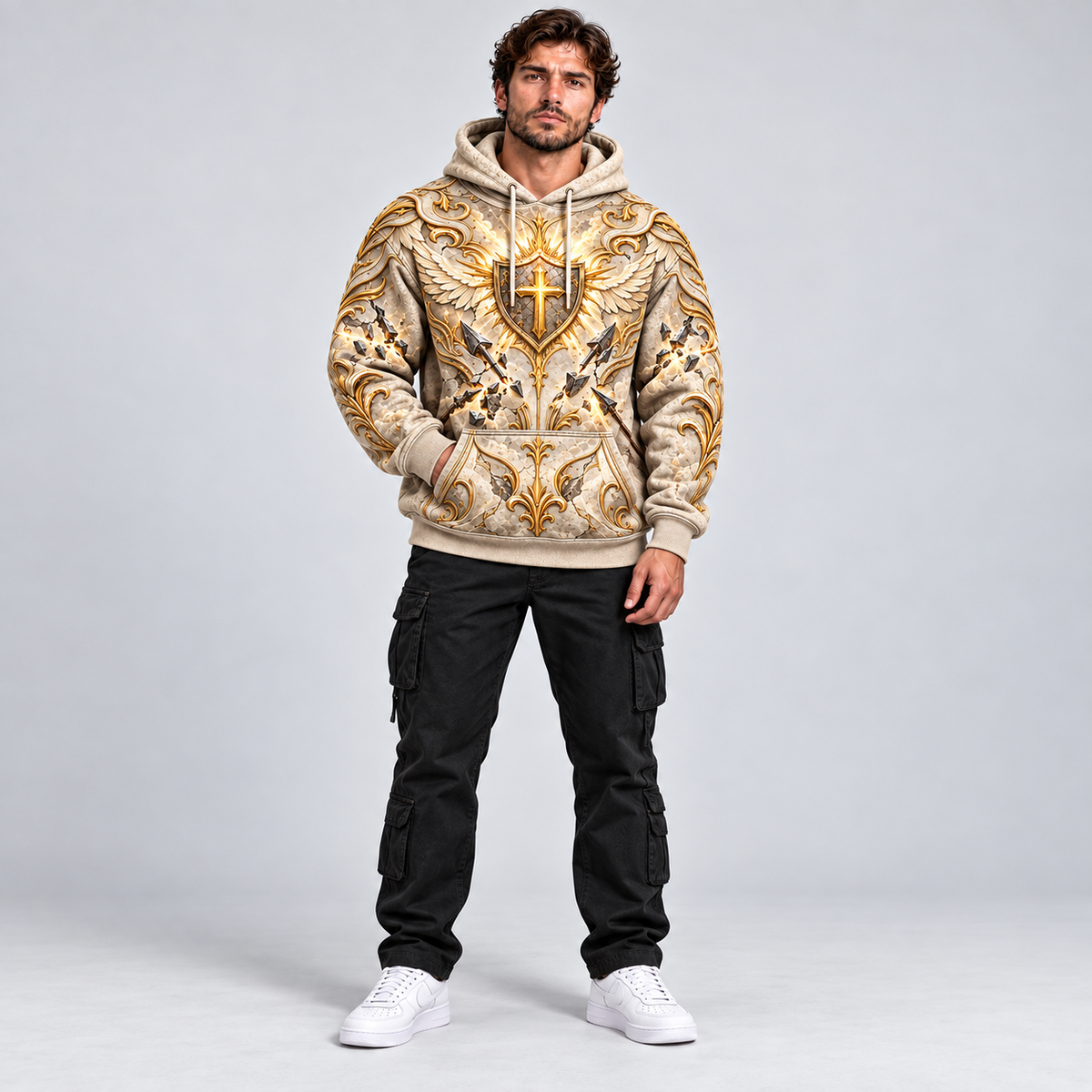 No Weapon Formed Heavenly Armor Christian Hoodie – Ivory & Gold