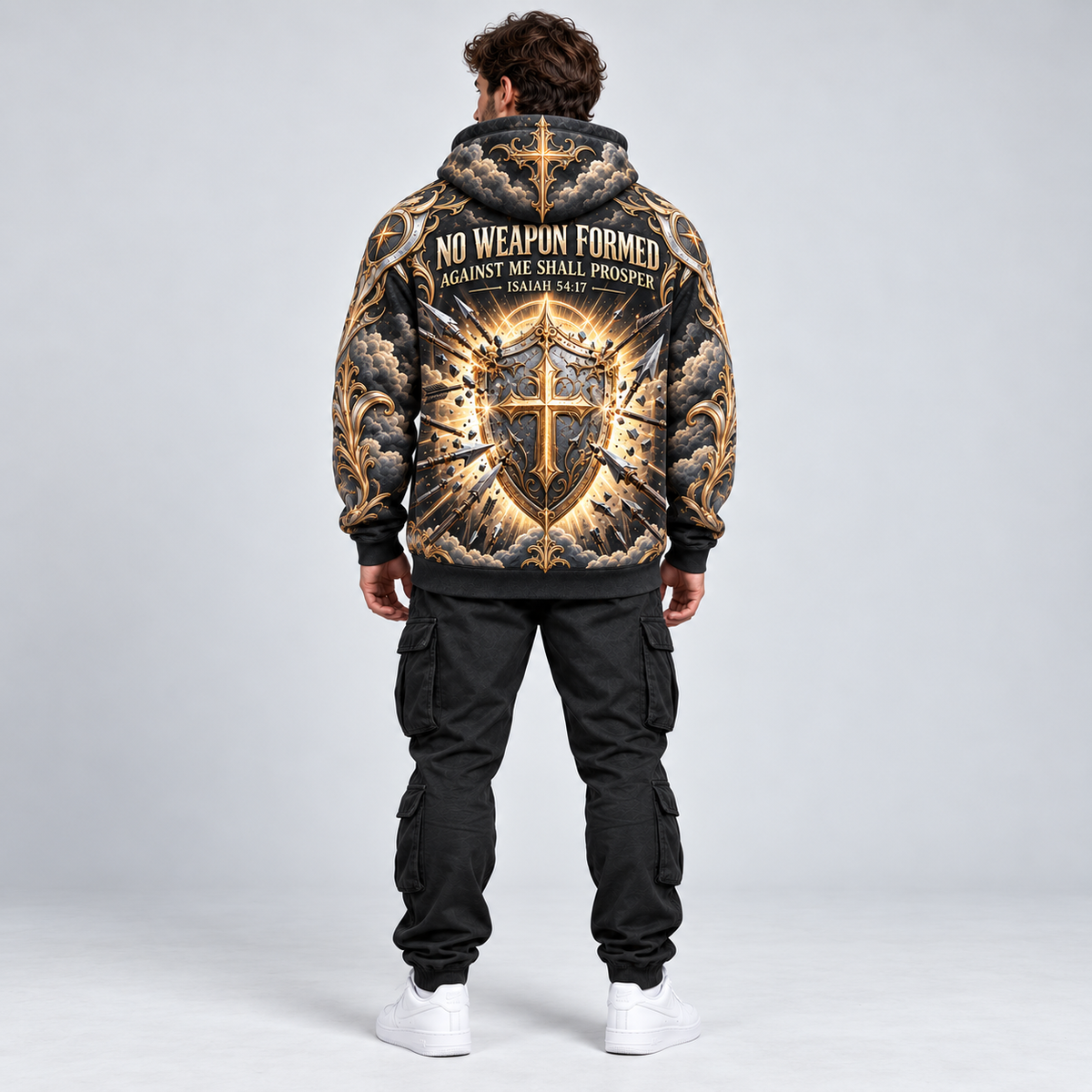 No Weapon Formed Divine Shield Christian Hoodie – Black & Gold