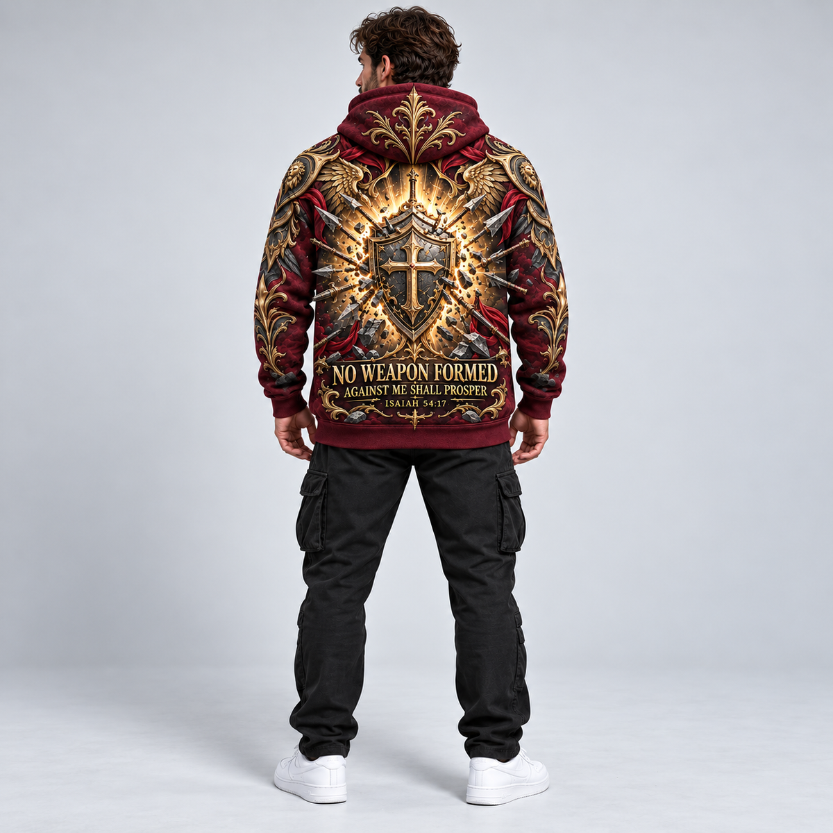 No Weapon Formed Lionheart Armor Christian Hoodie – Burgundy & Gold