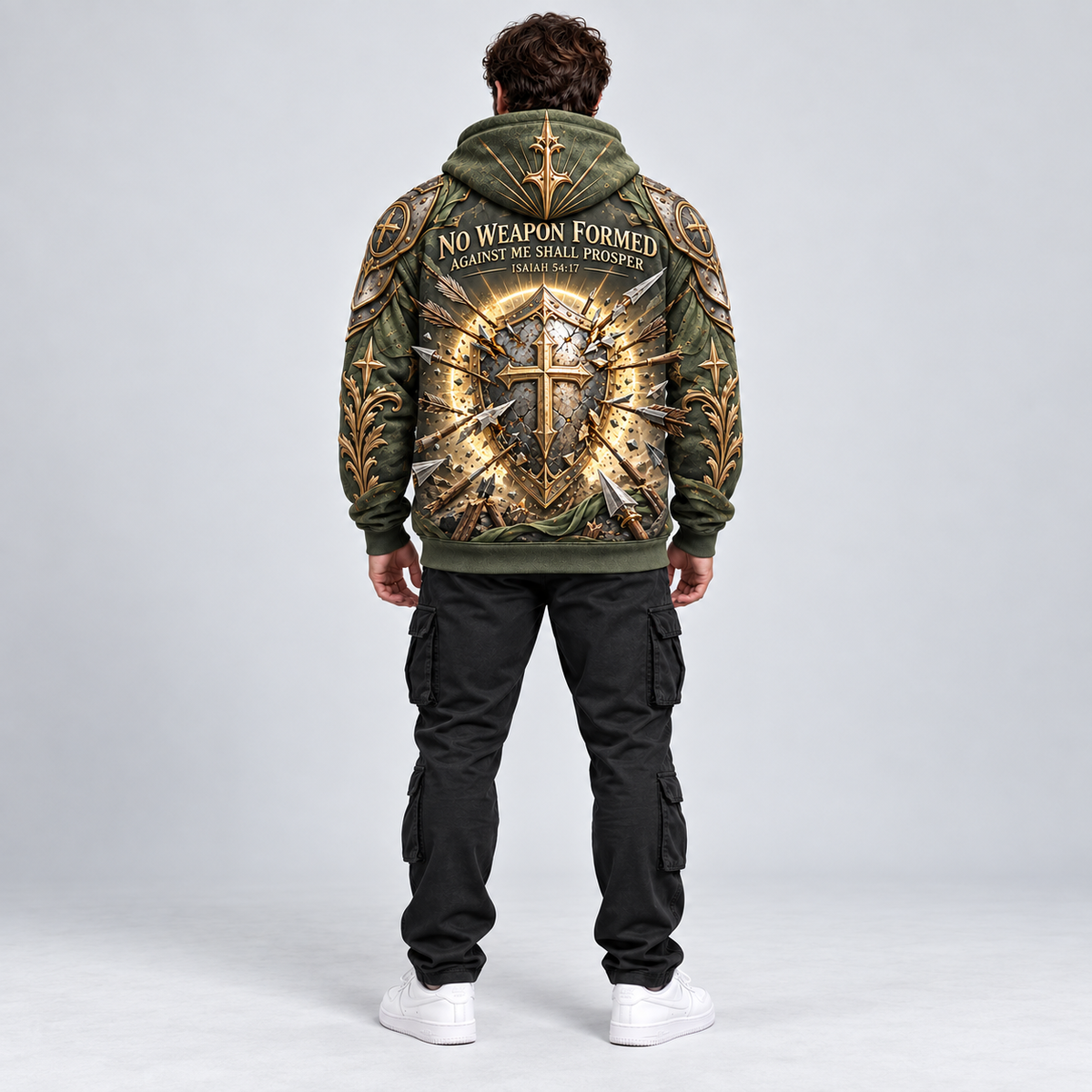 No Weapon Formed Warrior Shield Christian Hoodie – Olive Green
