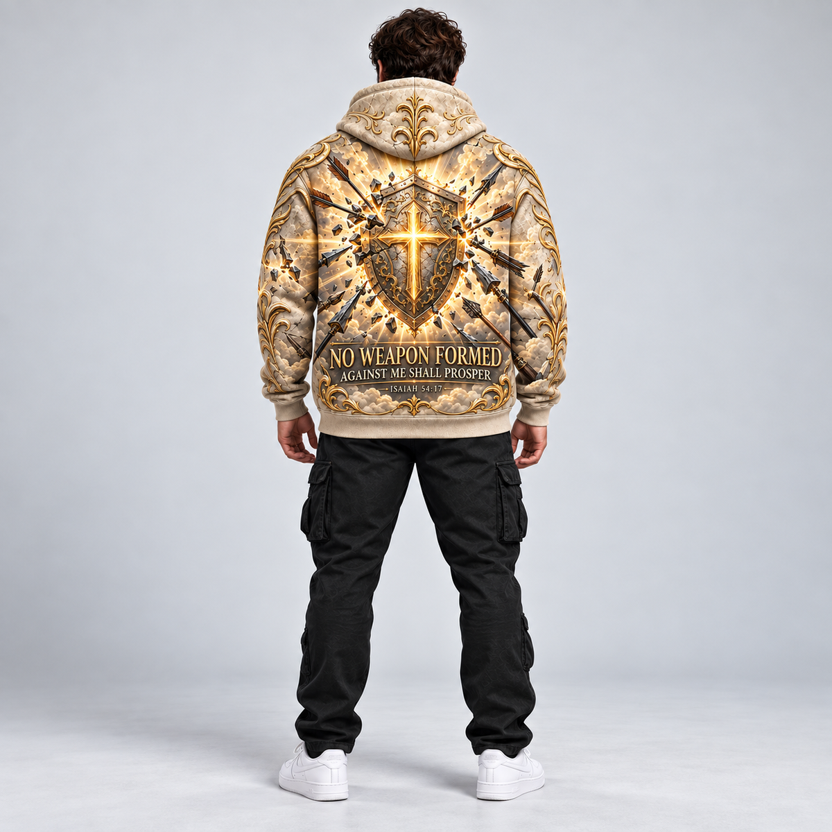 No Weapon Formed Heavenly Armor Christian Hoodie – Ivory & Gold