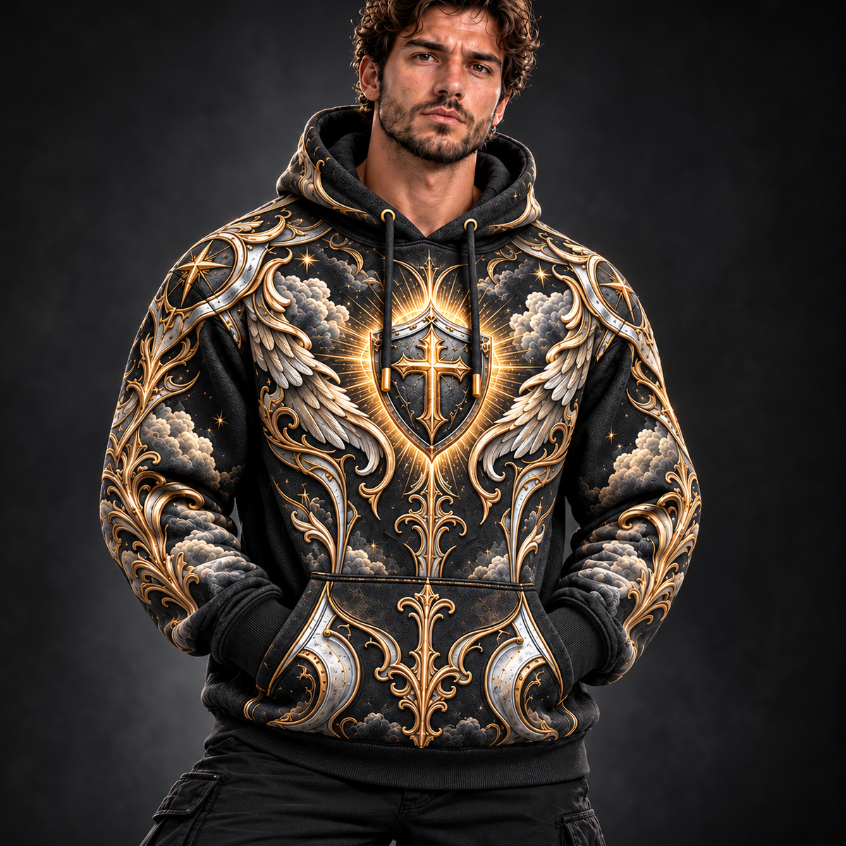 No Weapon Formed Divine Shield Christian Hoodie – Black & Gold