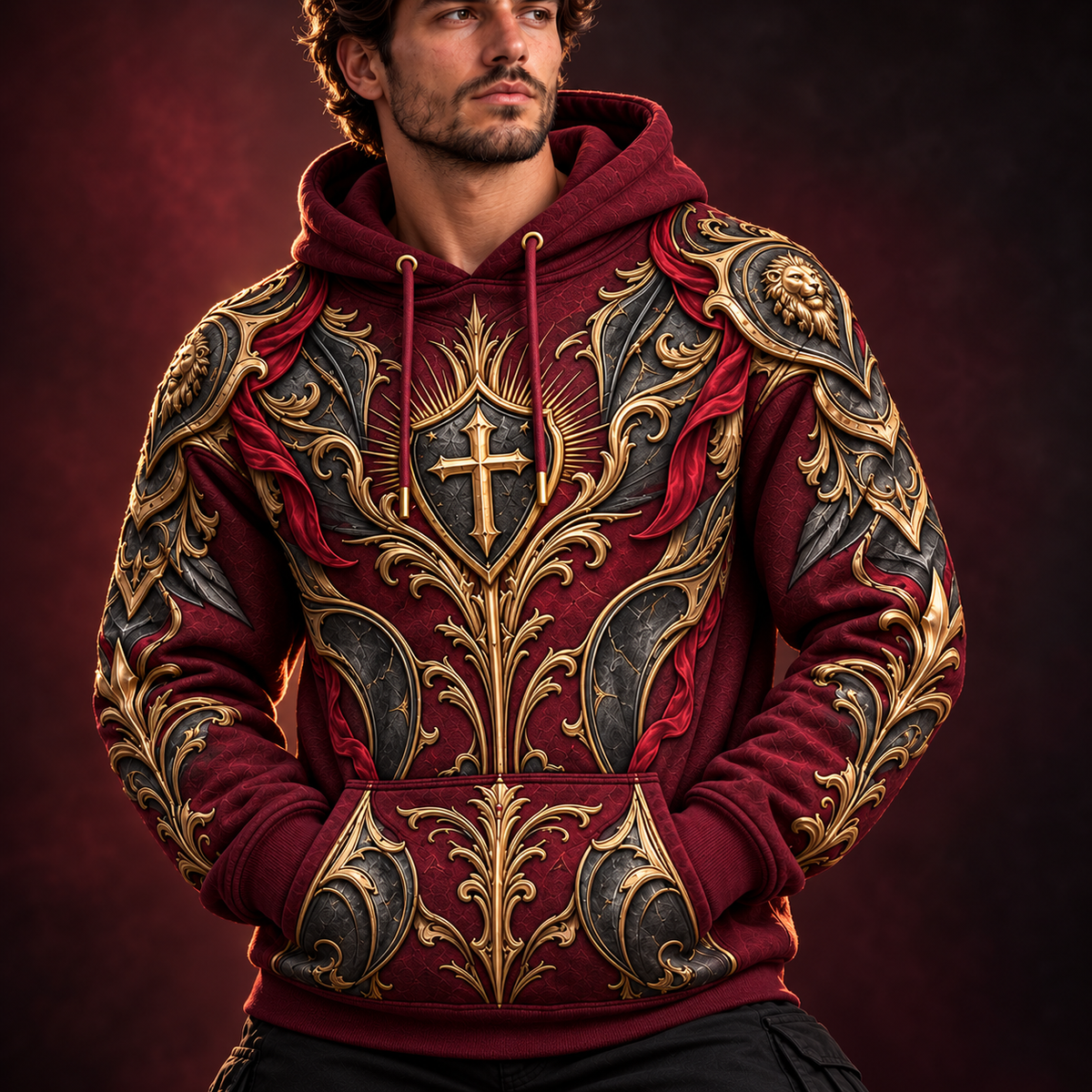 No Weapon Formed Lionheart Armor Christian Hoodie – Burgundy & Gold
