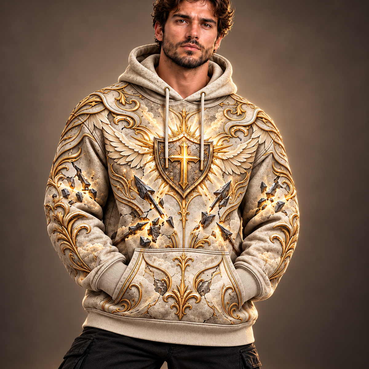 No Weapon Formed Heavenly Armor Christian Hoodie – Ivory & Gold