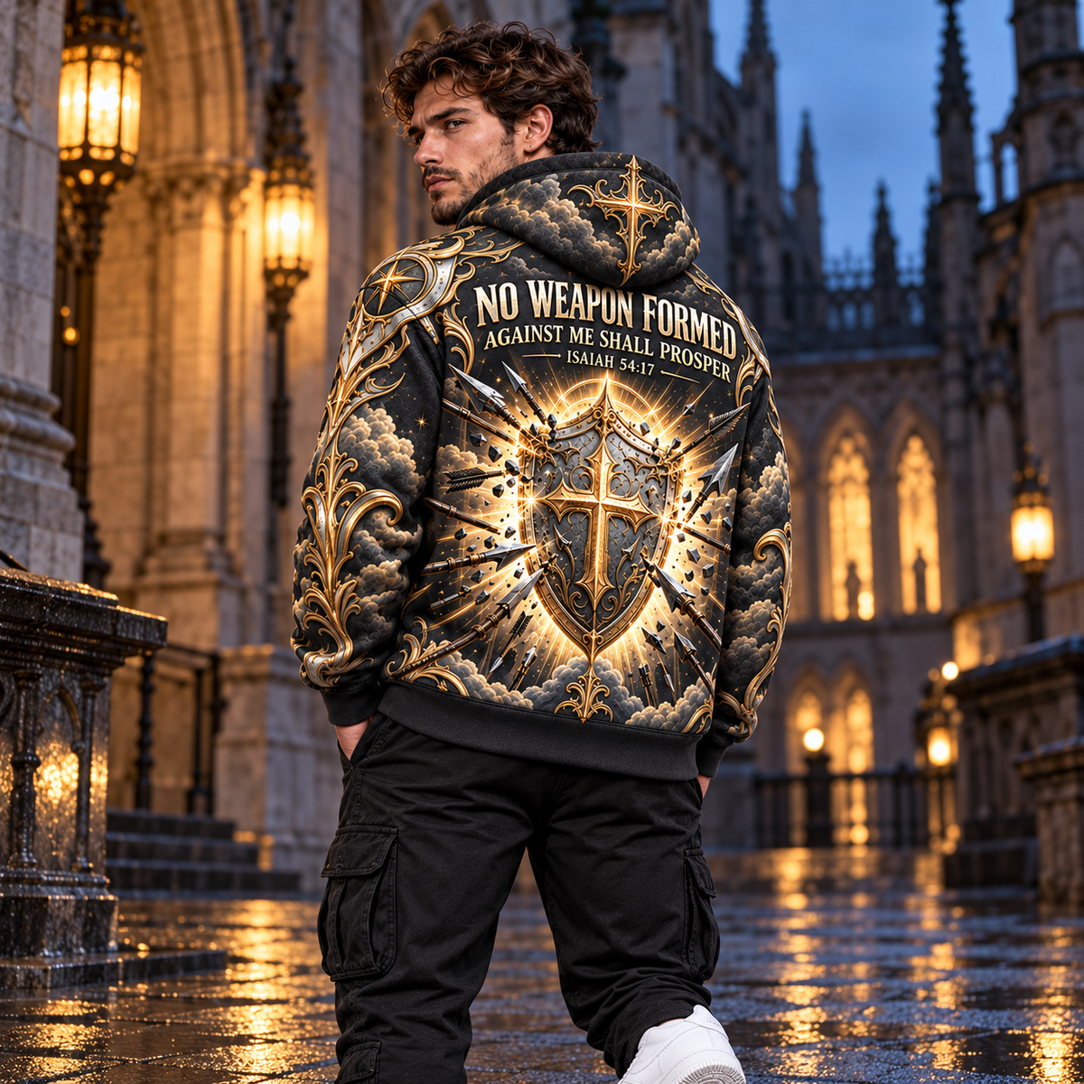 No Weapon Formed Divine Shield Christian Hoodie – Black & Gold