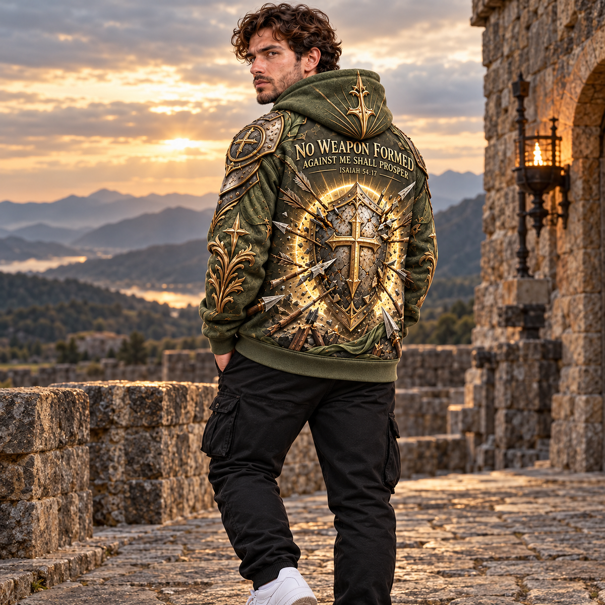 No Weapon Formed Warrior Shield Christian Hoodie – Olive Green