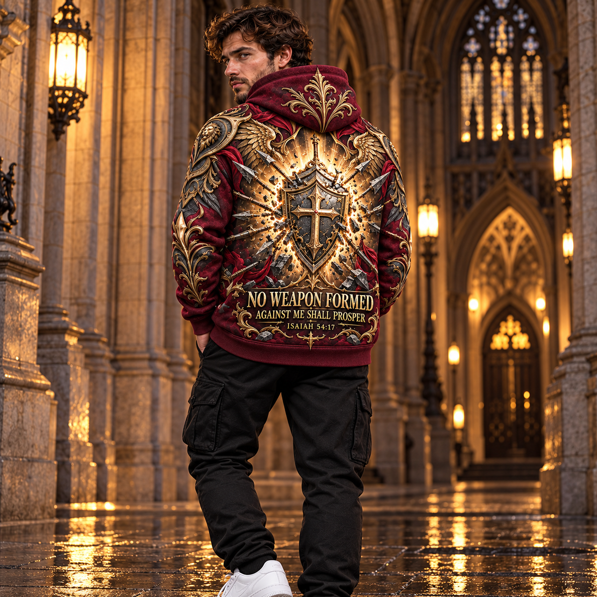 No Weapon Formed Lionheart Armor Christian Hoodie – Burgundy & Gold
